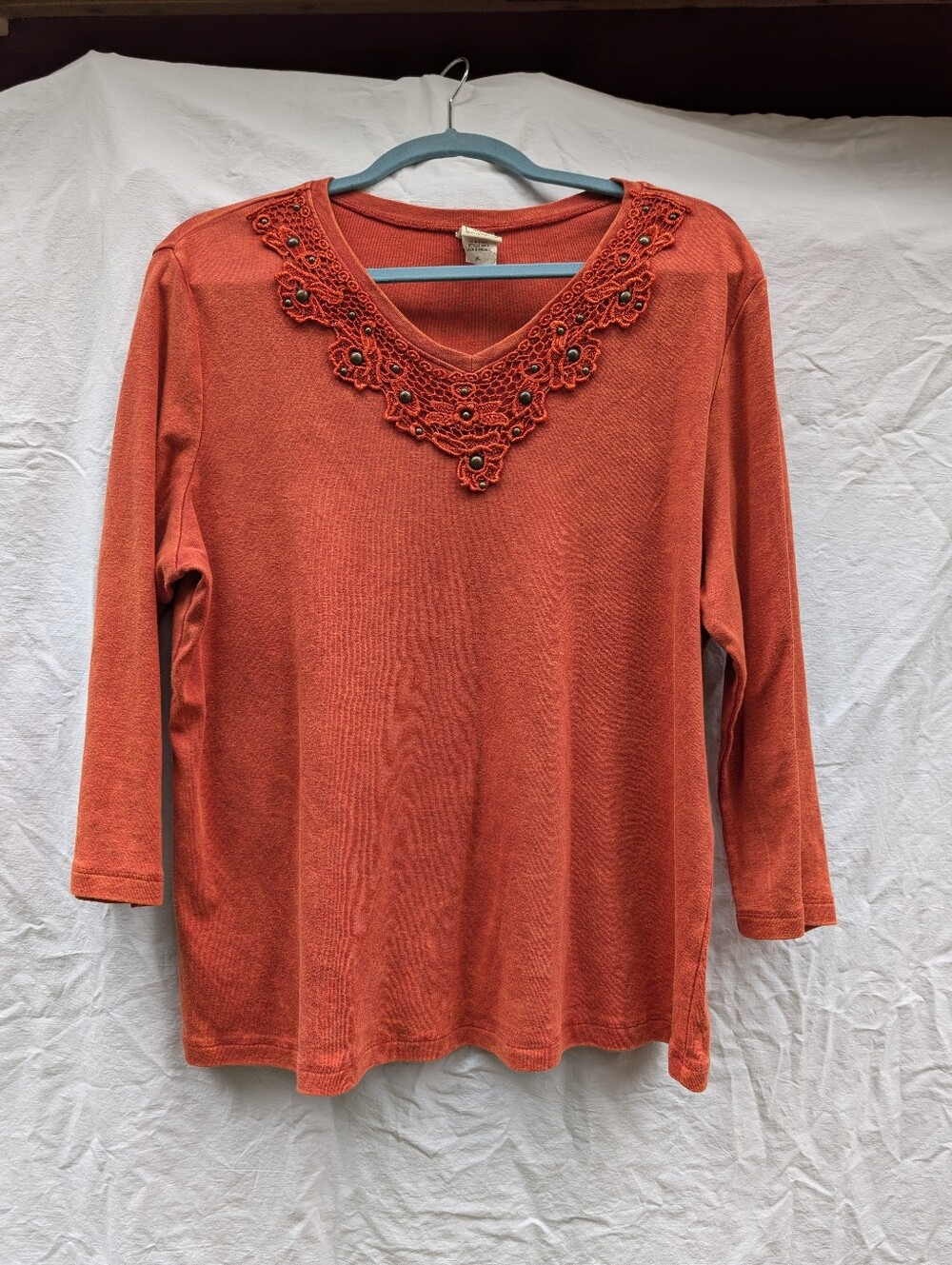 Jess & Jane 3/4 Sleeve Shirt Lace w Bronze Details Cotton Burnt Orange Sz XL